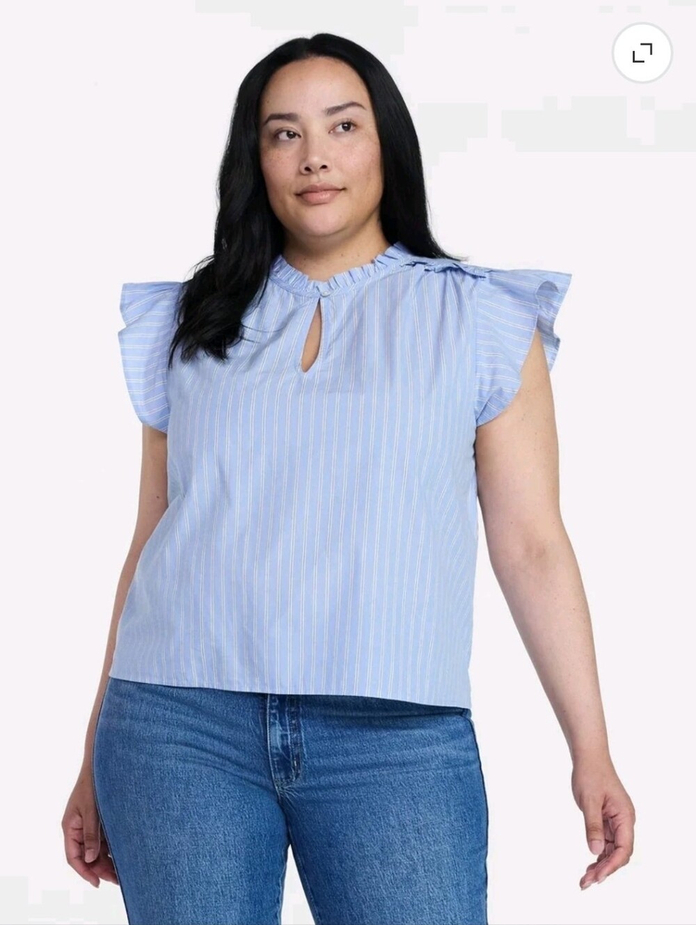 Ruffle Sleeve Keyhole Blouse - Light Blue Stripe
